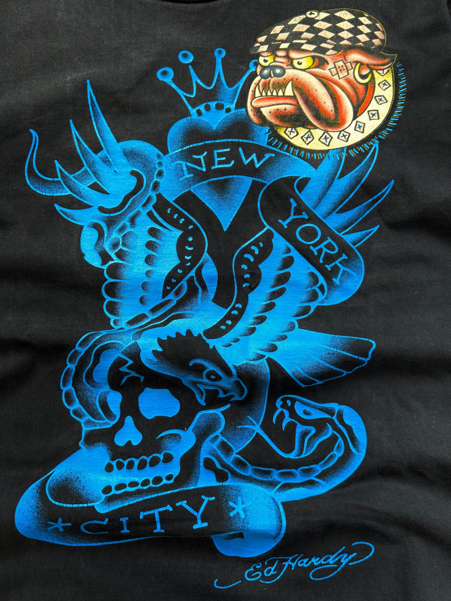 Vintage 2000's Y2K black and blue Ed Hardy by Christian Audigier graphic t shirt (S)