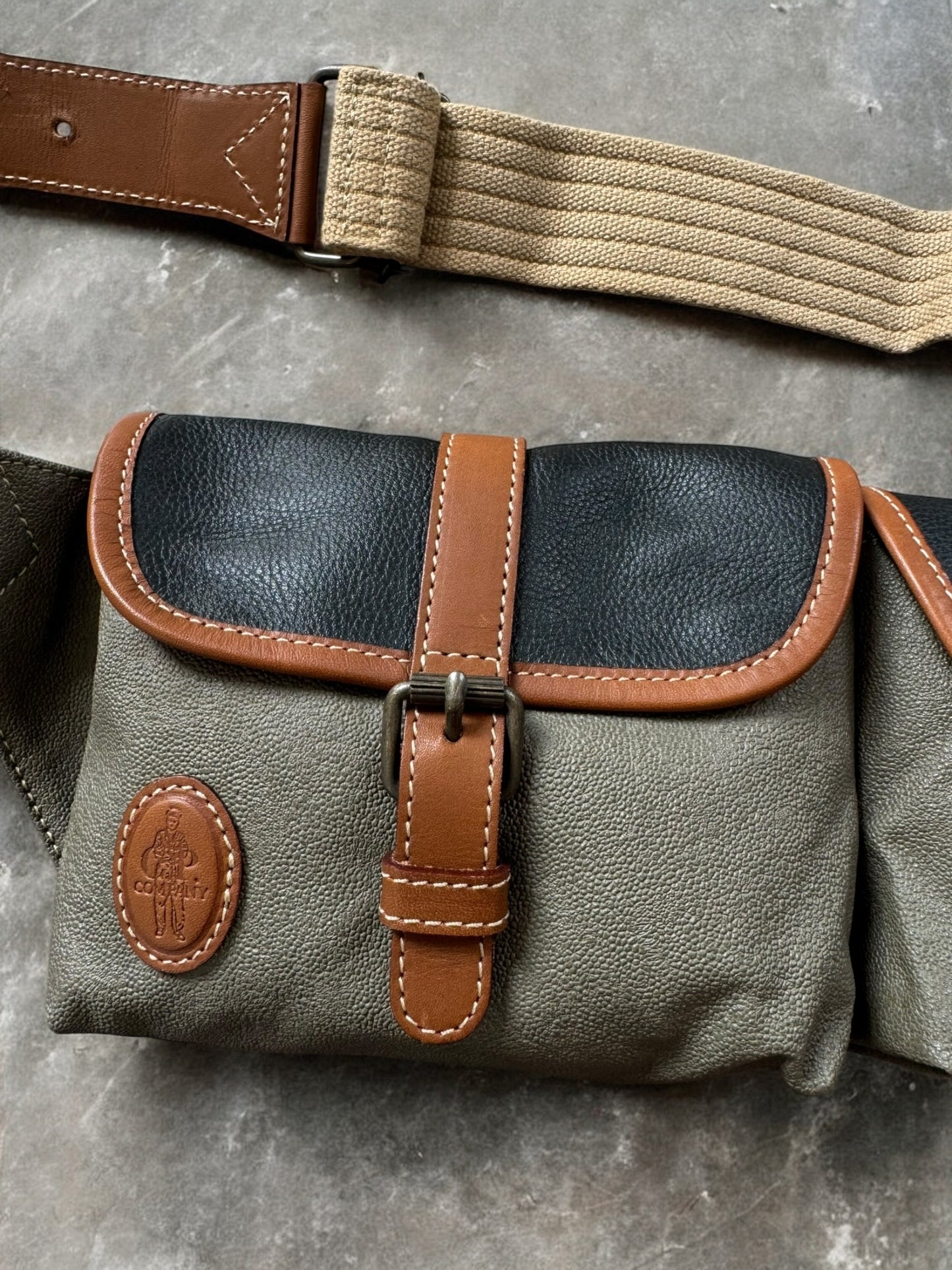 Vintage 1980's black brown and sage green CP Company leather sling bag / waist bag