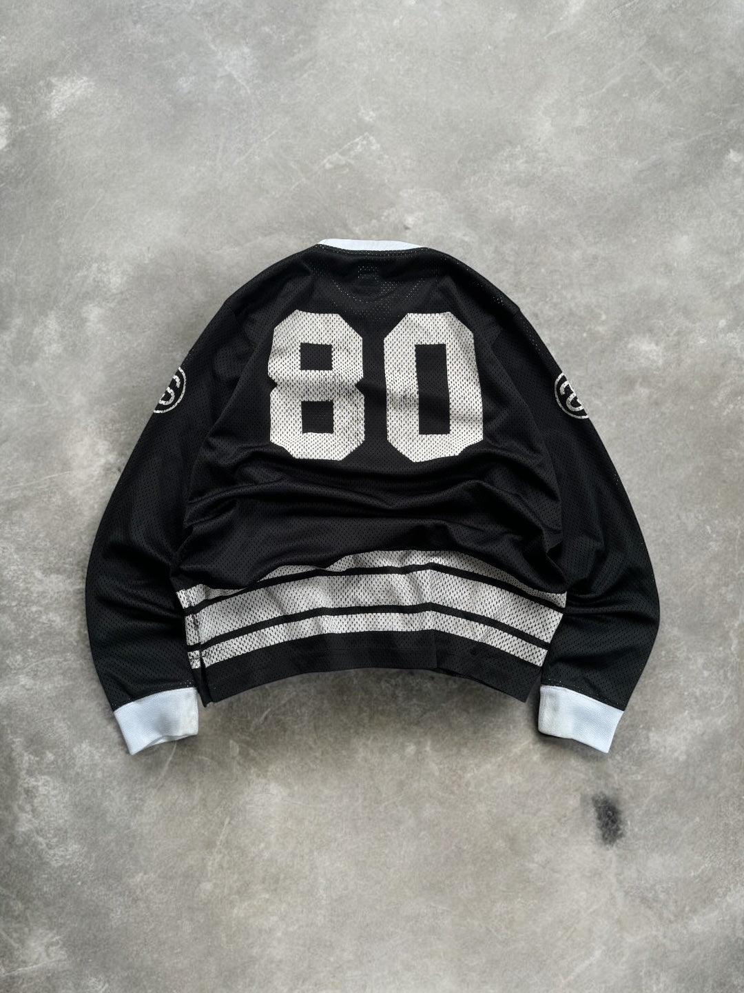 Vintage 2000's black and white Stussy long sleeve mesh jersey / shirt (L)