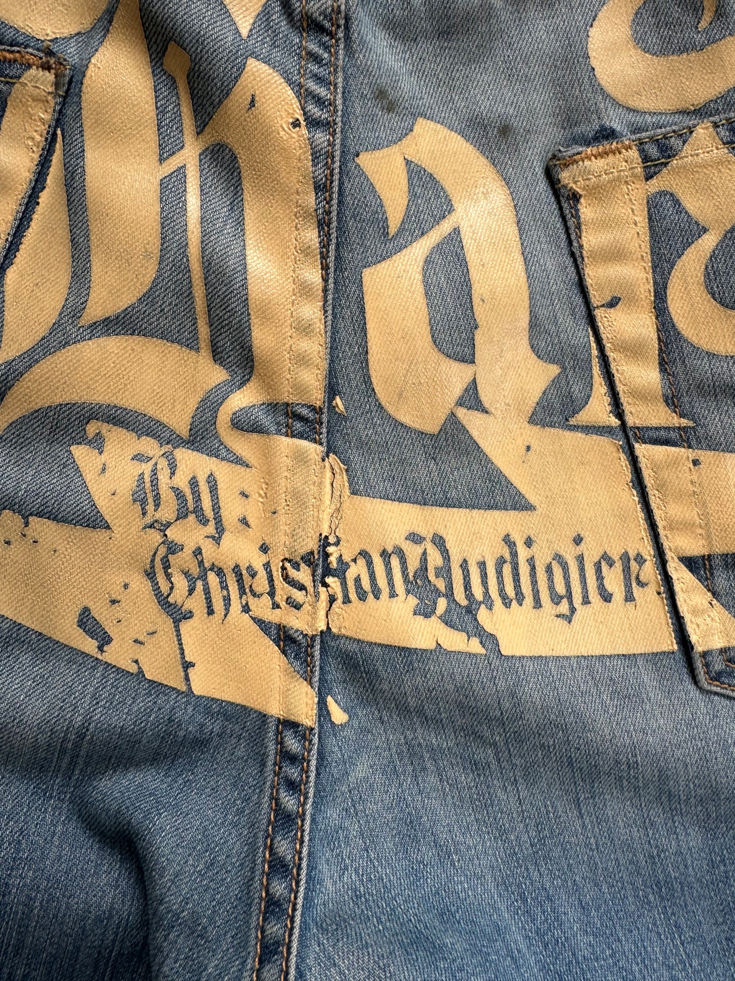 Vintage 2000's light blue Ed Hardy Christian Audiger distressed graphic jeans (L)