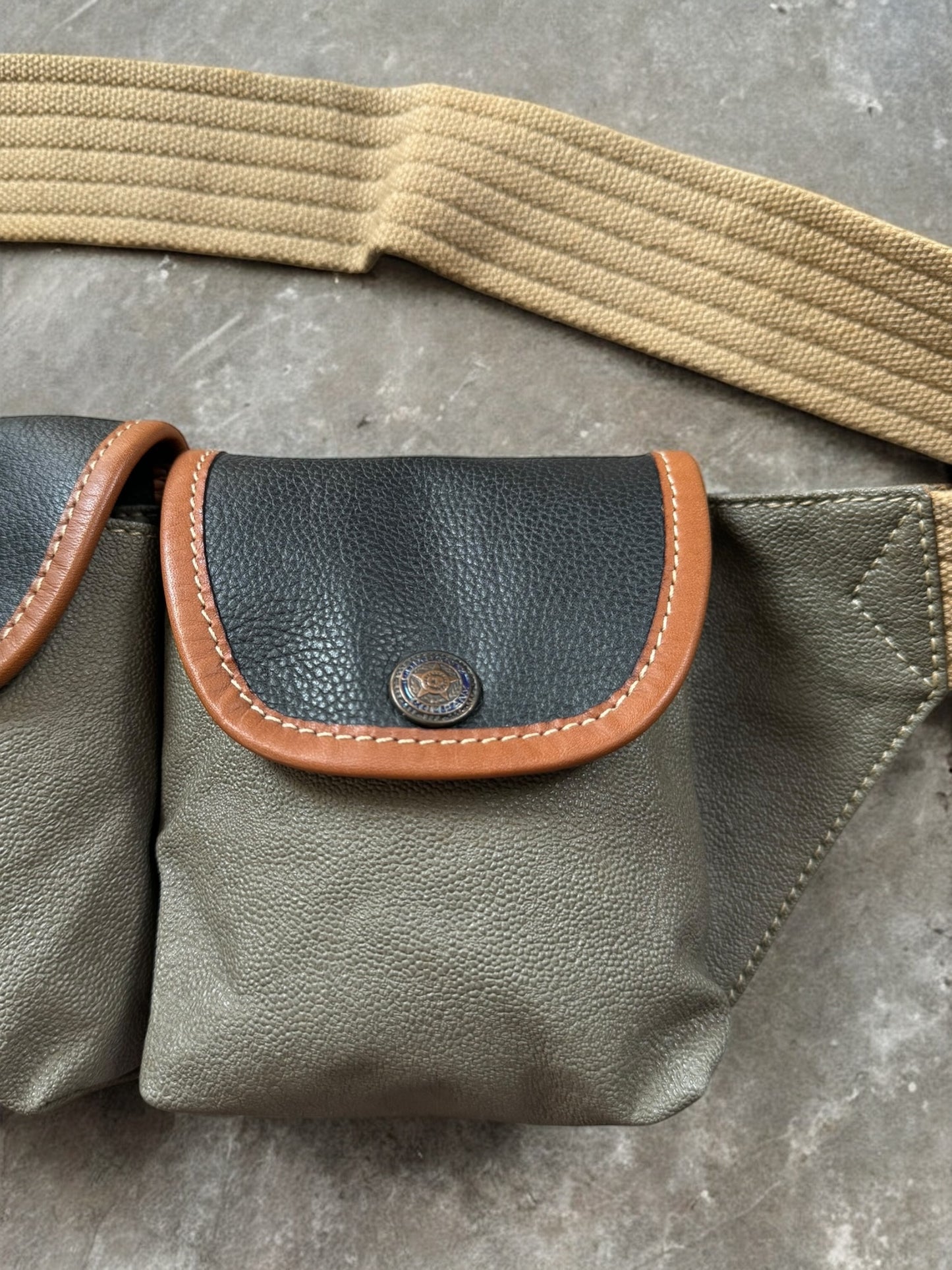 Vintage 1980's black brown and sage green CP Company leather sling bag / waist bag