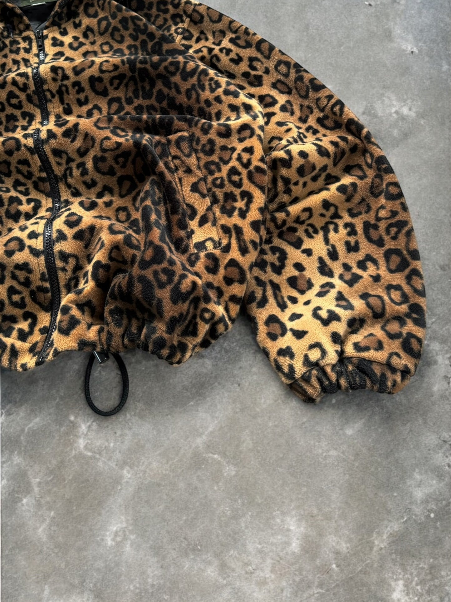 Vintage beige brown and black leopard print technical boxy fleece jacket (L)