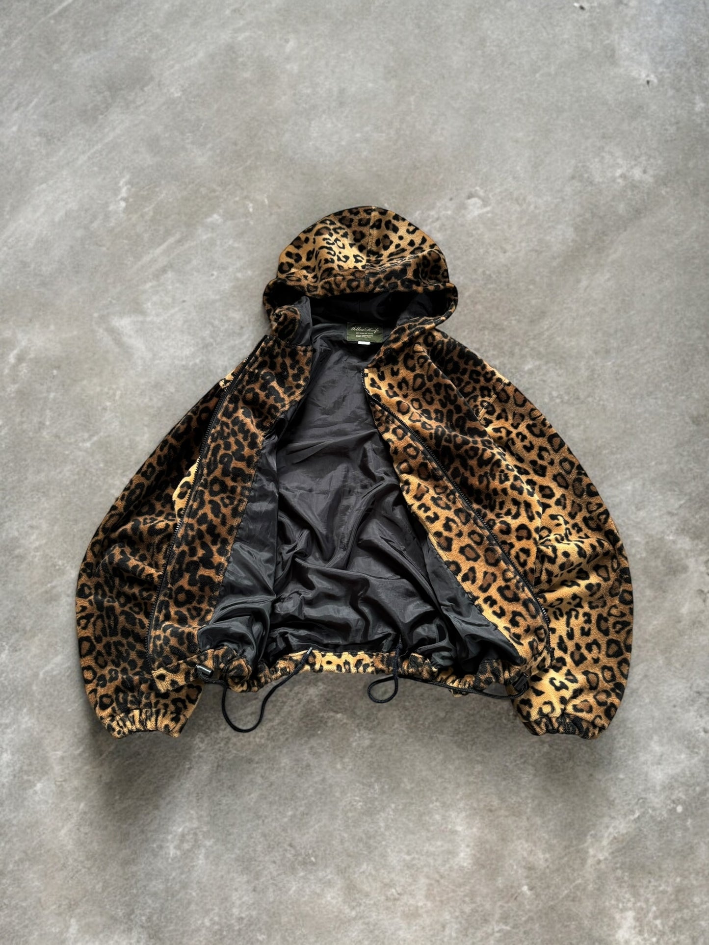 Vintage beige brown and black leopard print technical boxy fleece jacket (L)