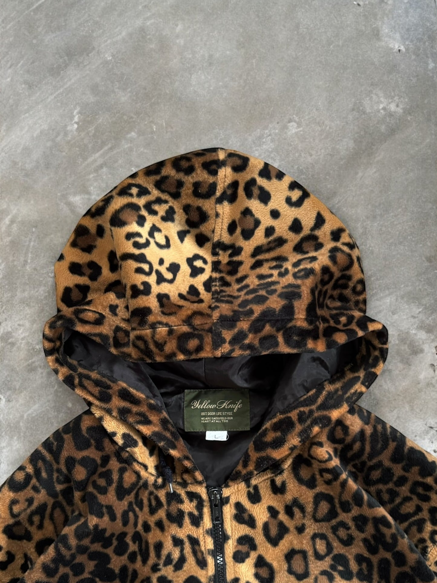 Vintage beige brown and black leopard print technical boxy fleece jacket (L)