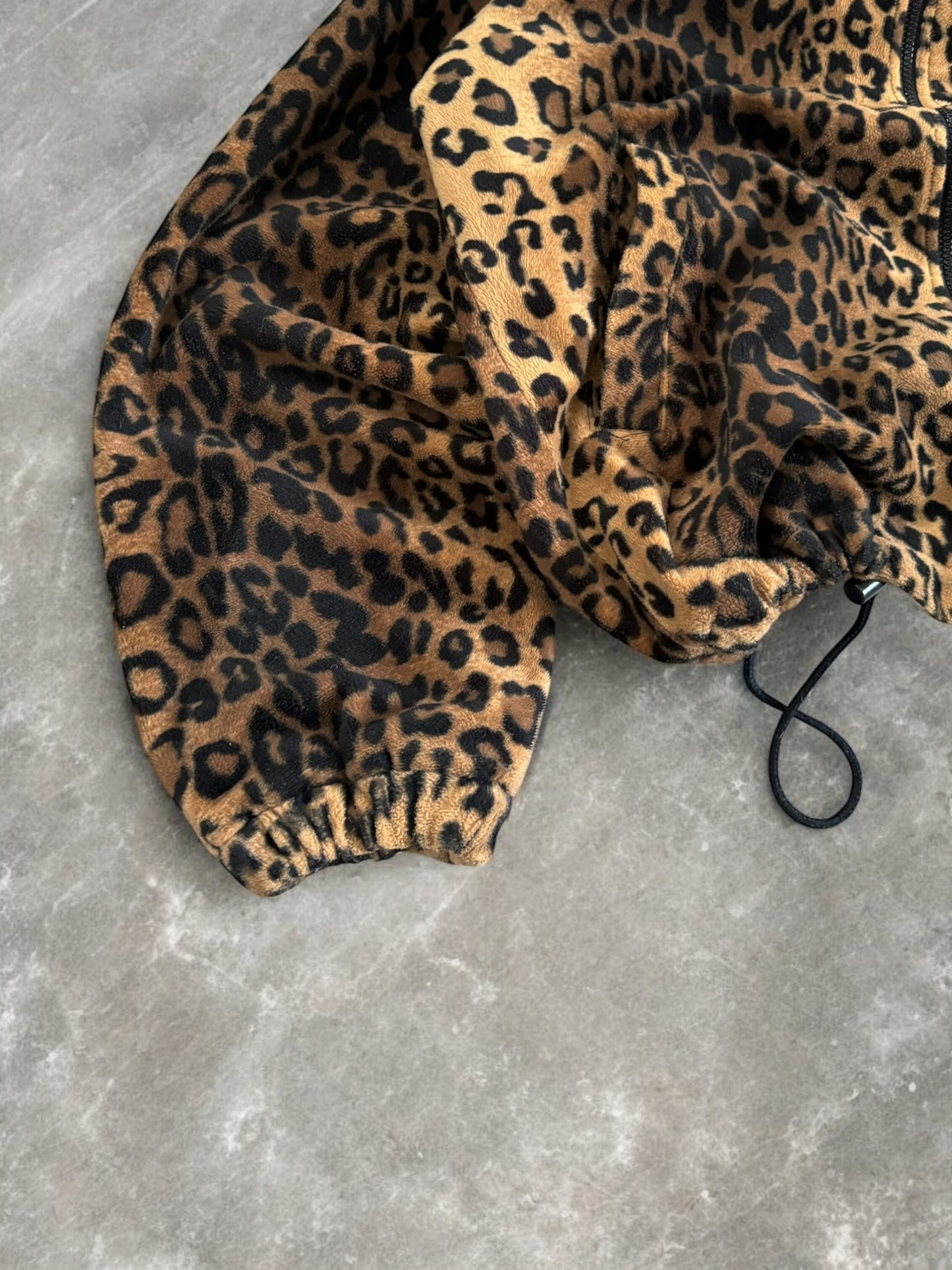 Vintage beige brown and black leopard print technical boxy fleece jacket (L)