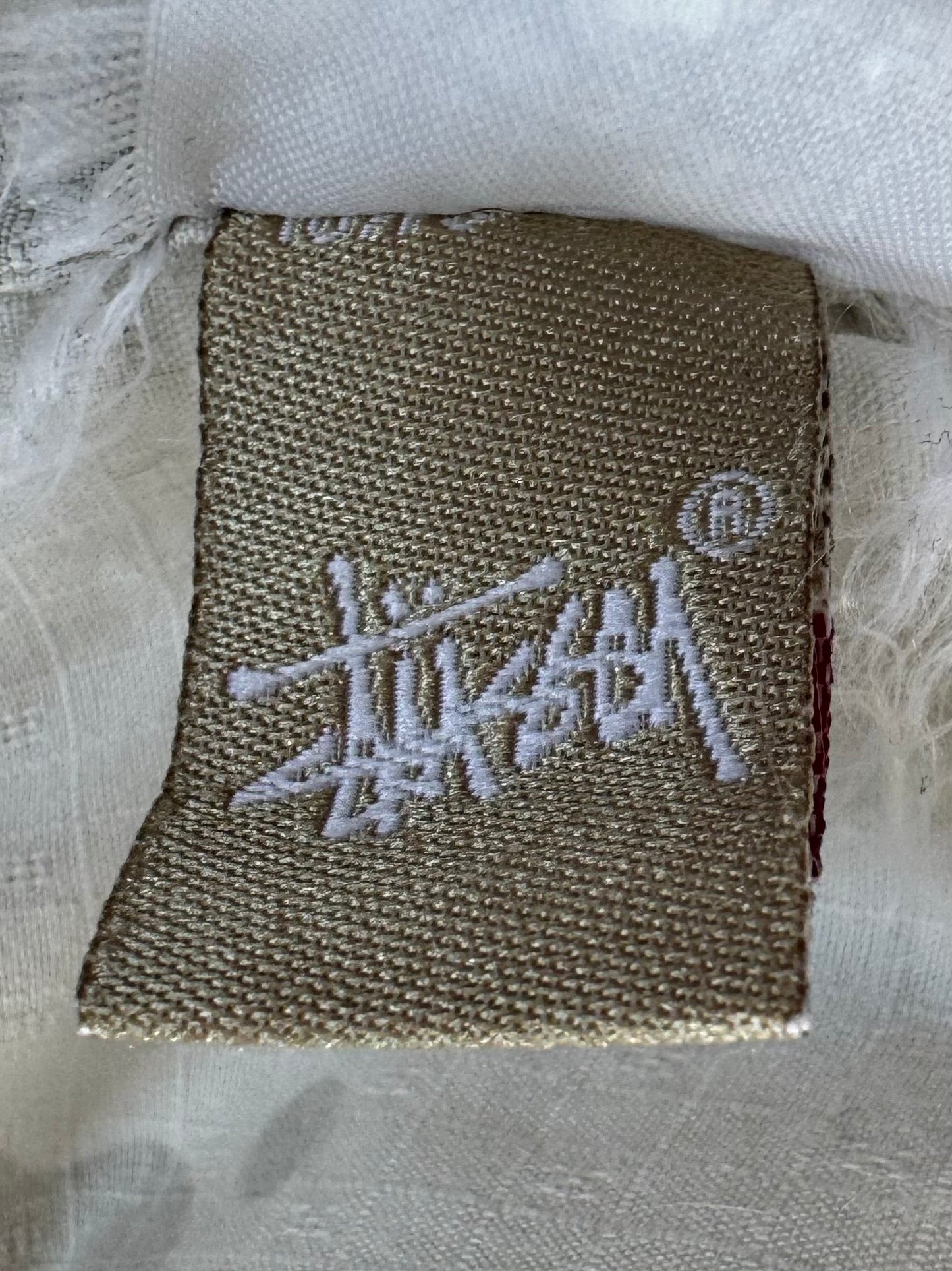 Vintage 2000's white and grey graphic print stussy button up short sleeve cargo shirt (L)
