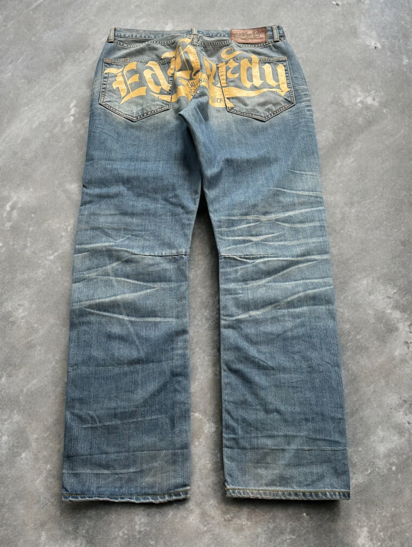 Vintage 2000's light blue Ed Hardy Christian Audiger distressed graphic jeans (L)