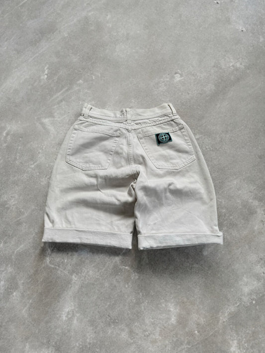 Vintage 1980's white Stone Island green edge badge raw hem denim shorts / jorts (XS)