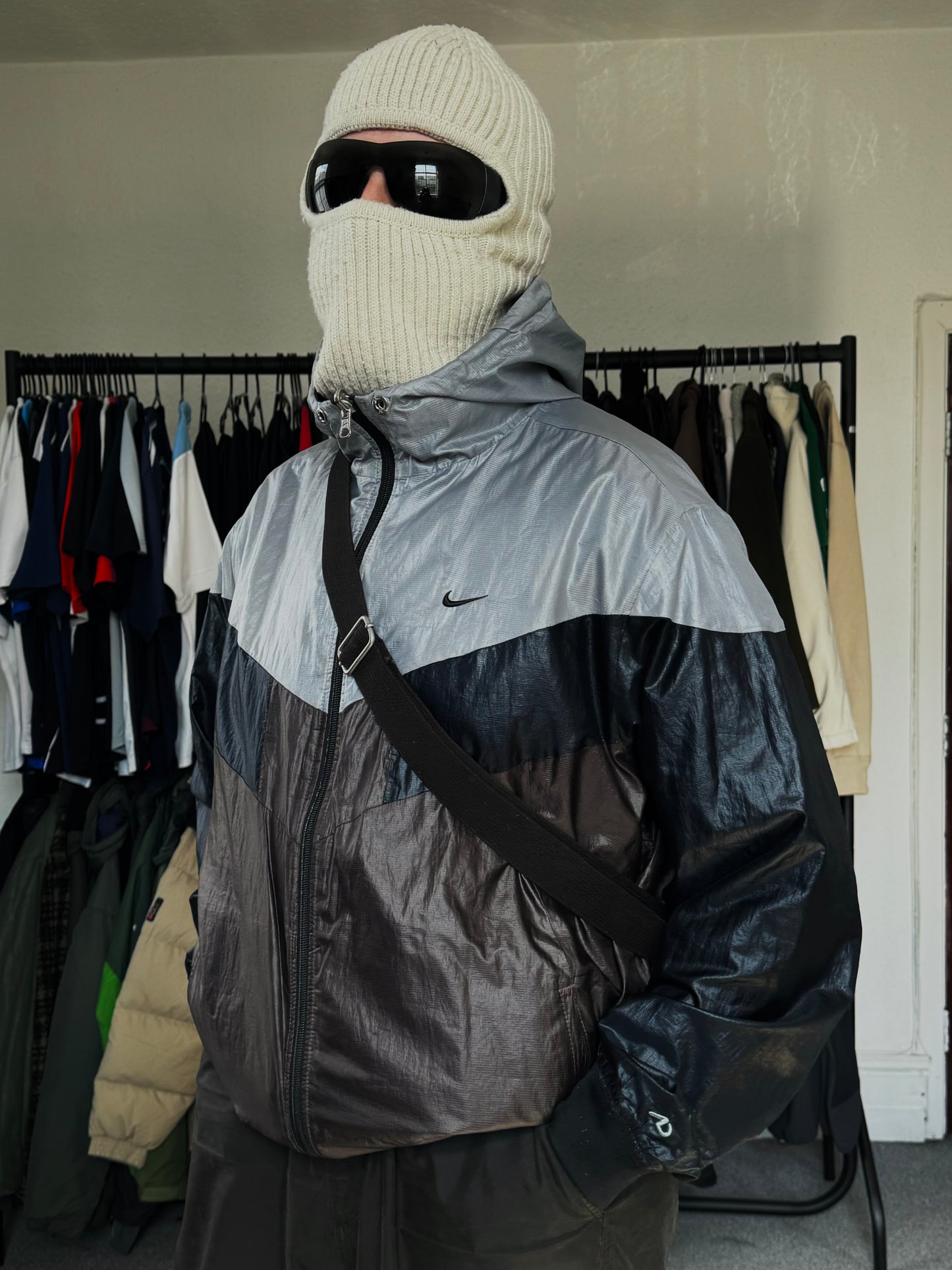 Vintage 2000's black and grey Nike embroidered swoosh logo tartan / plaid reversible technical jacket (XL)