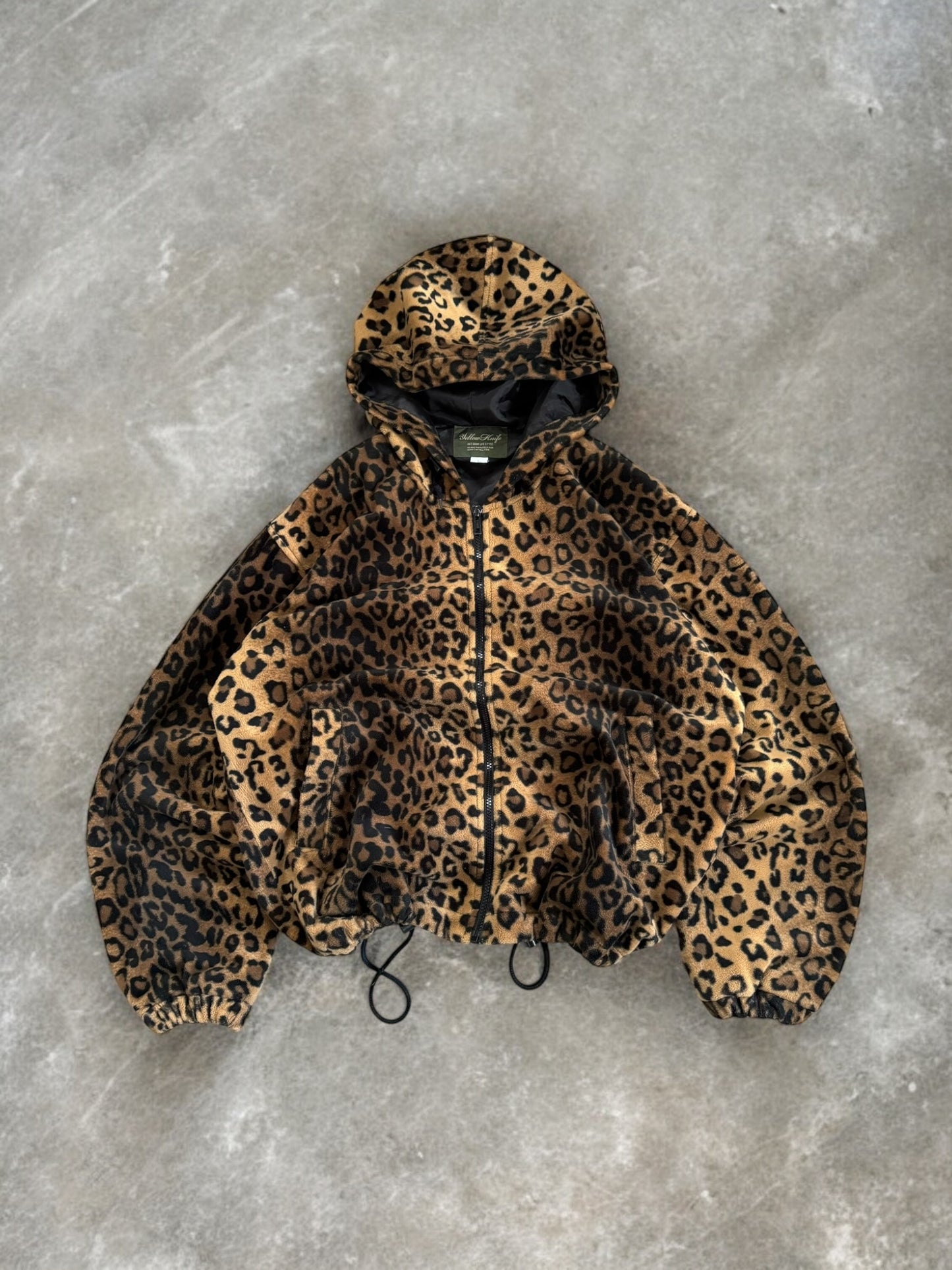 Vintage beige brown and black leopard print technical boxy fleece jacket (L)