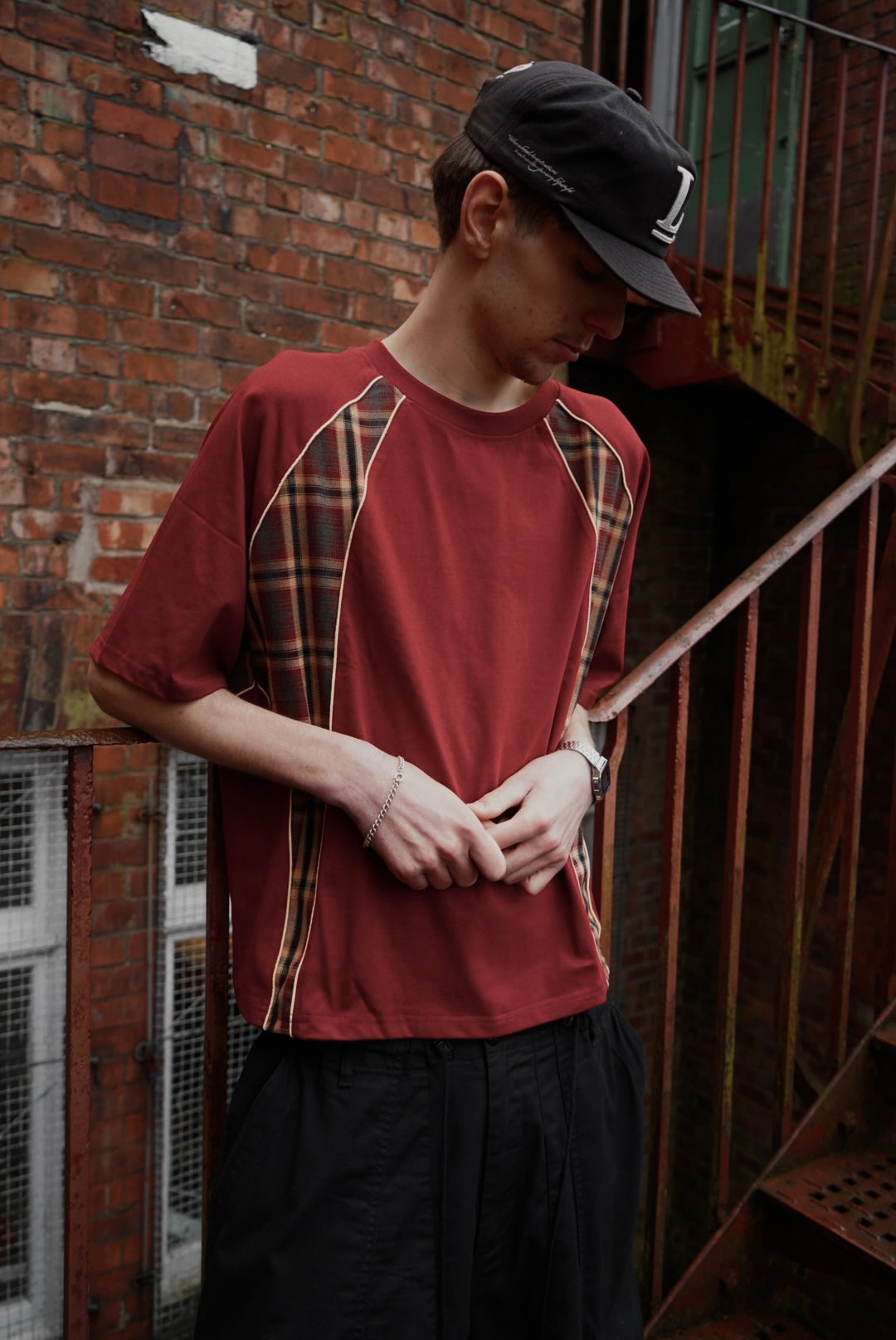 Tbenico rossa tartan panel rig t shirt