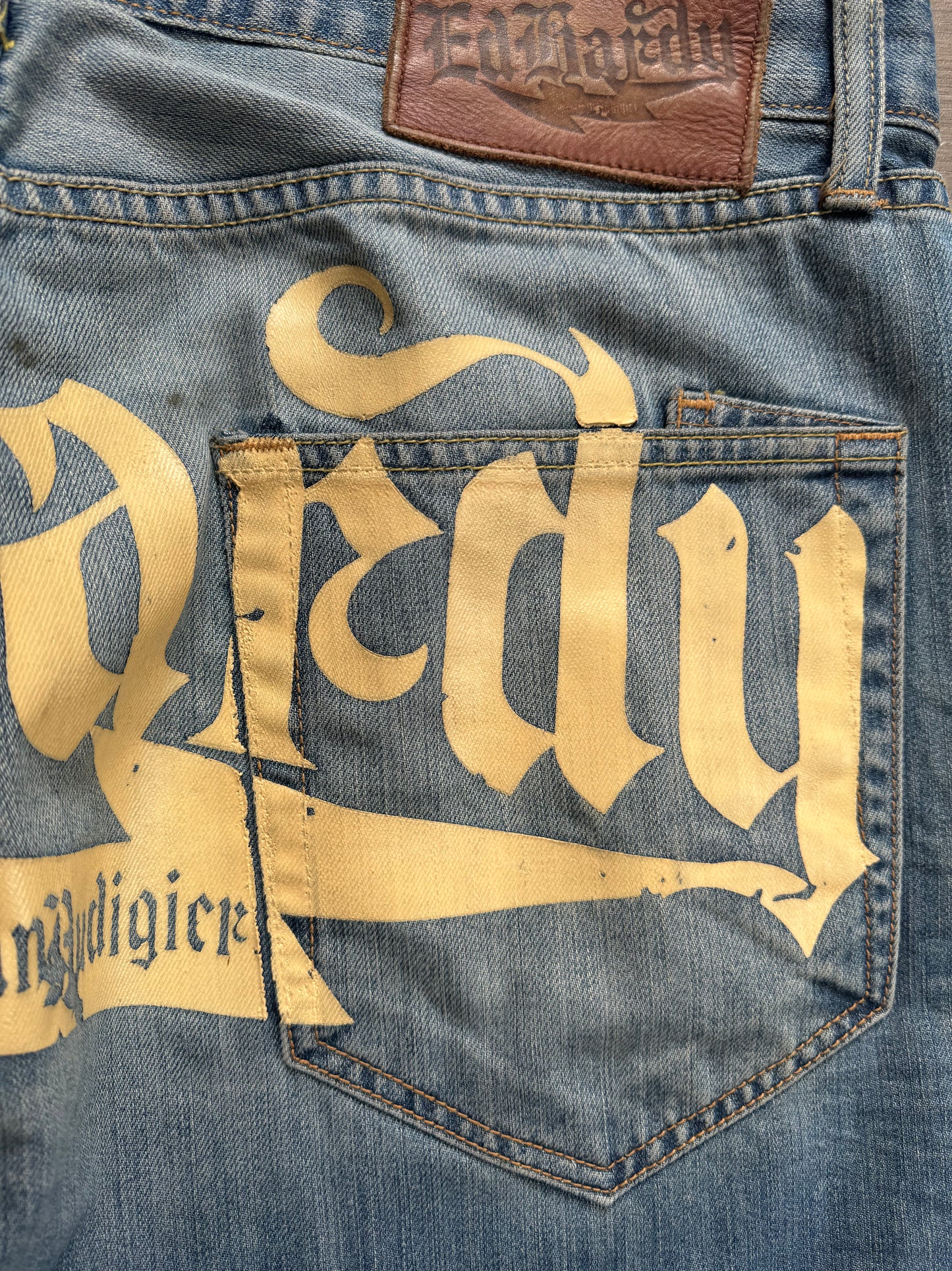 Vintage 2000's light blue Ed Hardy Christian Audiger distressed graphic jeans (L)