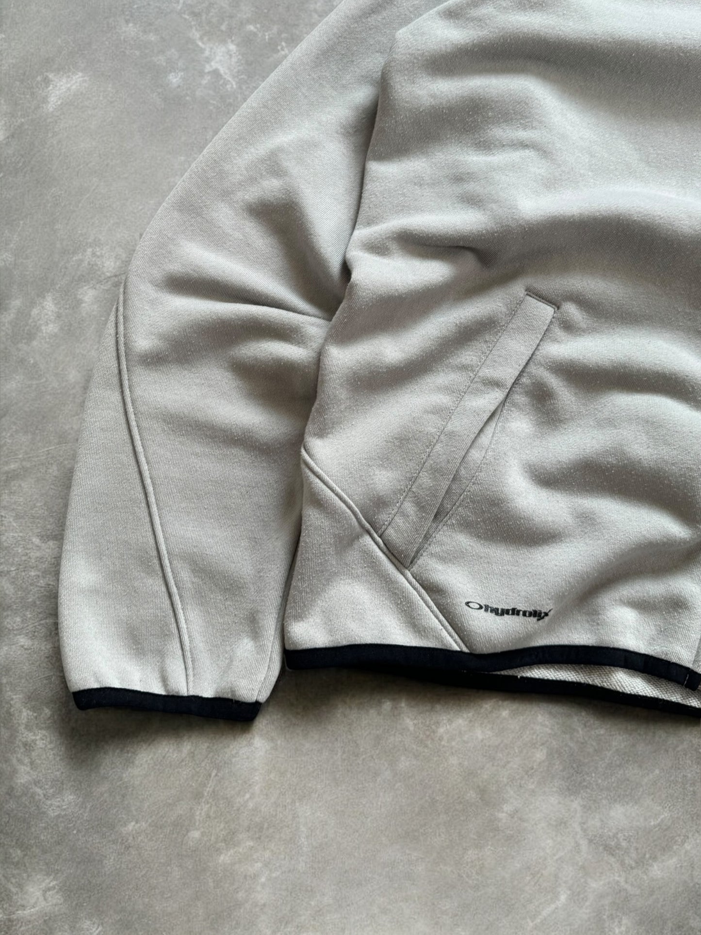 Vintage 2000's black and light grey Oakley graphic print logo zip up technical hoodie (M)