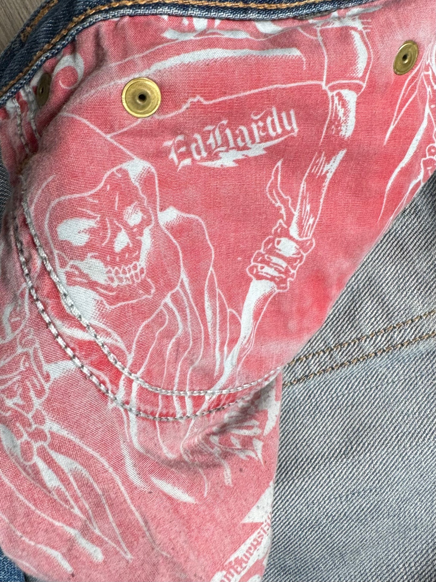 Vintage 2000's light blue Ed Hardy Christian Audiger distressed graphic jeans (L)