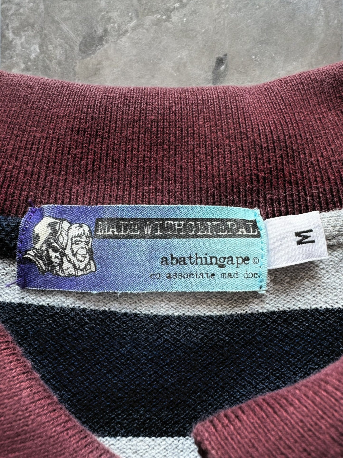 Vintage 2000's grey and navy blue Bape star embroidered striped polo shirt (S)