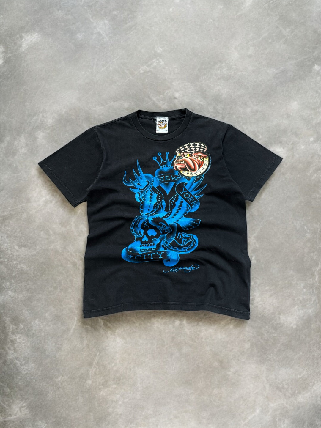 Vintage 2000's Y2K black and blue Ed Hardy by Christian Audigier graphic t shirt (S)