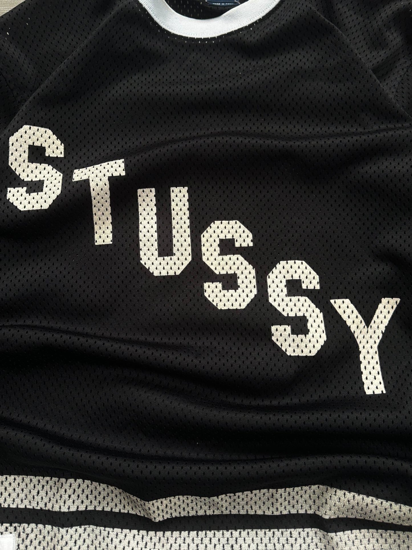 Vintage 2000's black and white Stussy long sleeve mesh jersey / shirt (L)