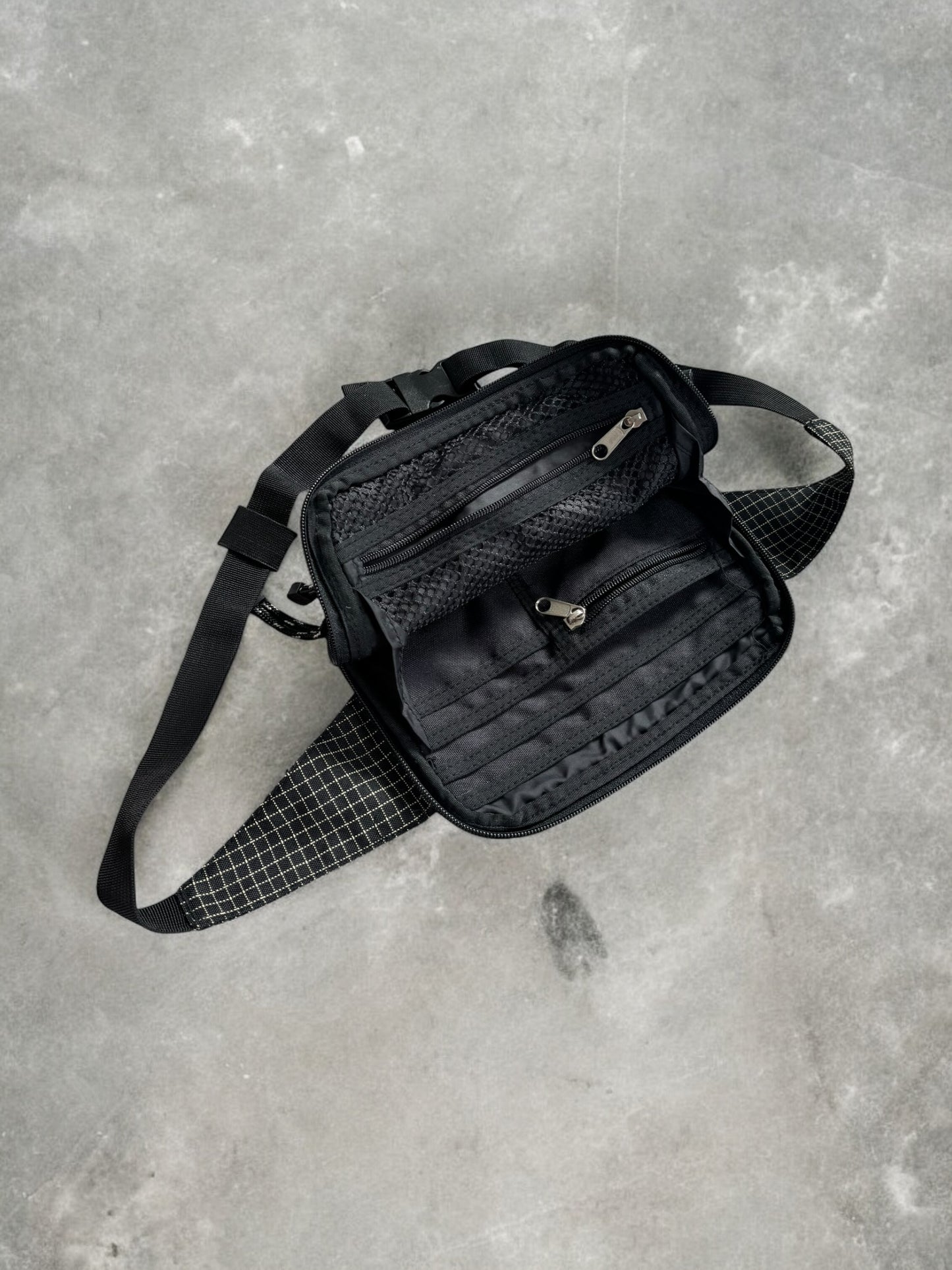 Vintage 2000's black and grey Stussy technical plaid sling bag / waist bag