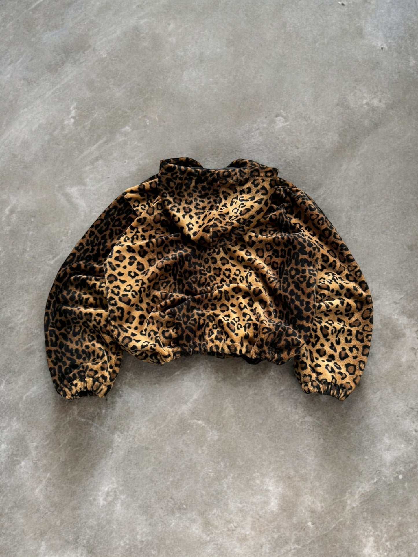 Vintage beige brown and black leopard print technical boxy fleece jacket (L)