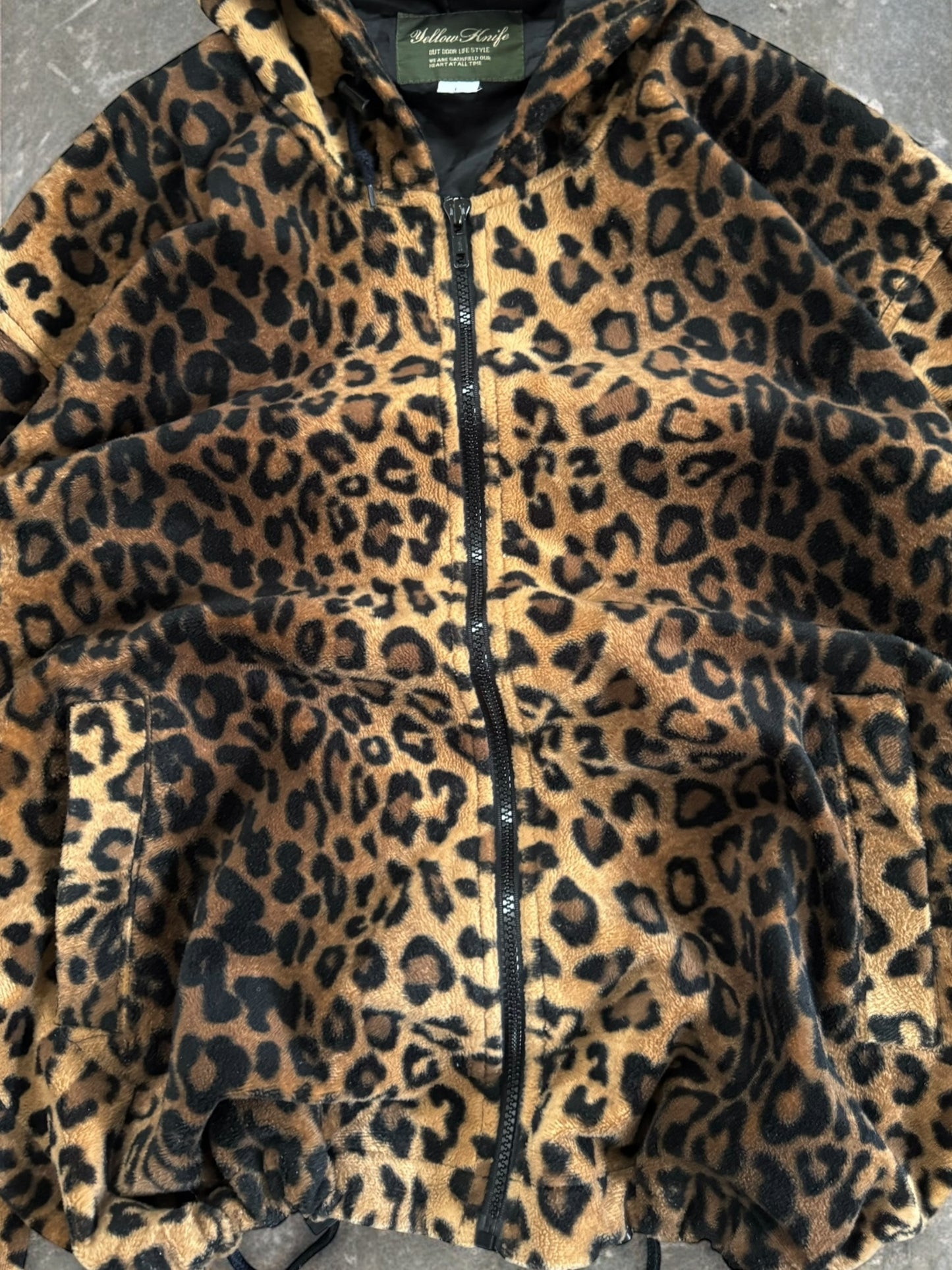 Vintage beige brown and black leopard print technical boxy fleece jacket (L)