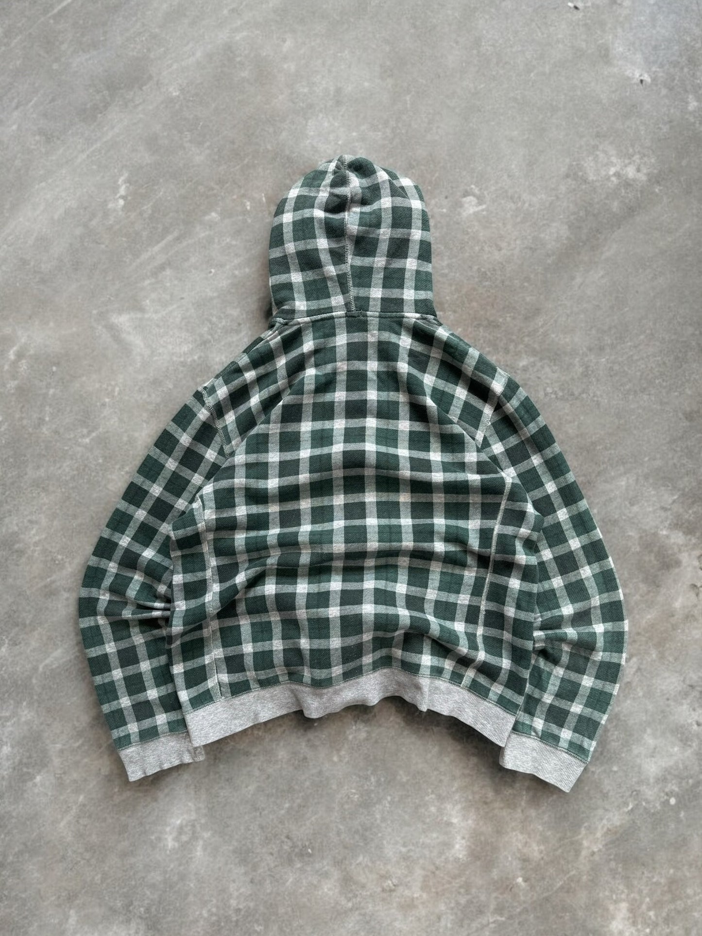 Vintage grey and green Uniqlo tartan / plaid technical zip up hoodie (M)