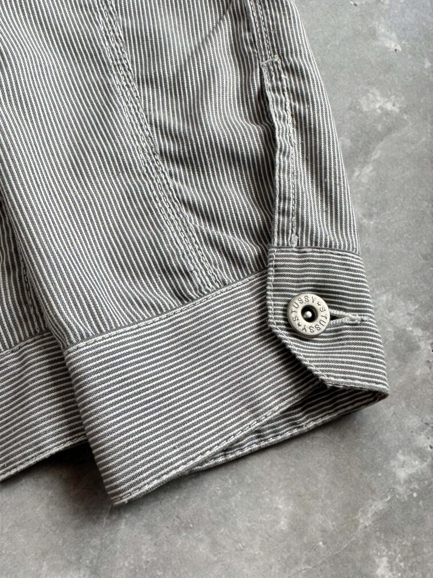 Vintage 2000's grey and white striped Stussy collared chore jacket (M)