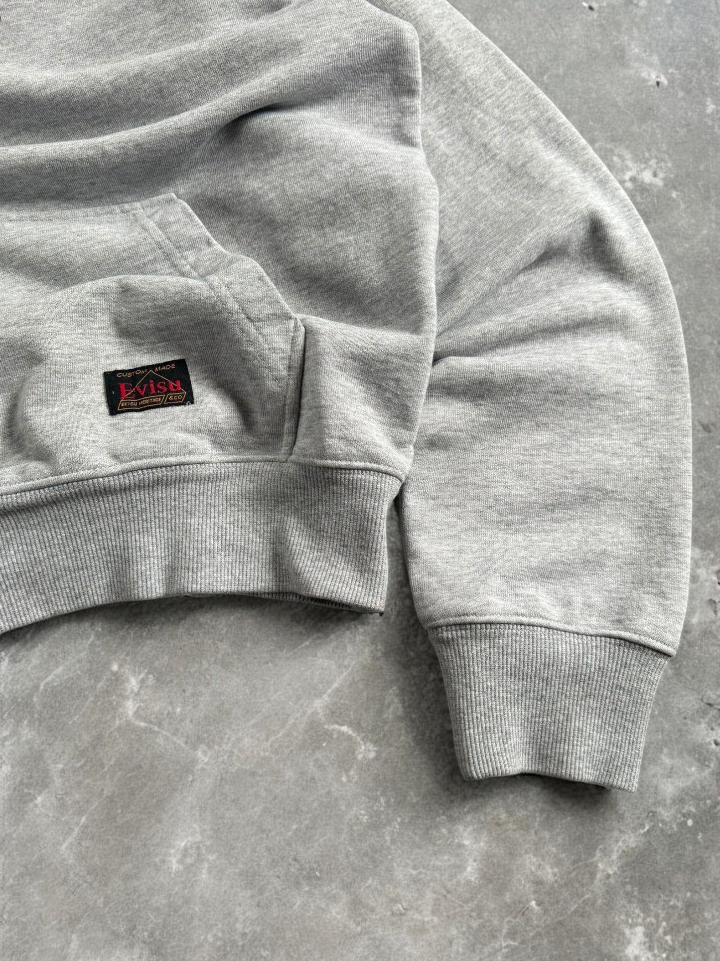 Vintage grey and navy blue Evisu centre logo hoodie (S)