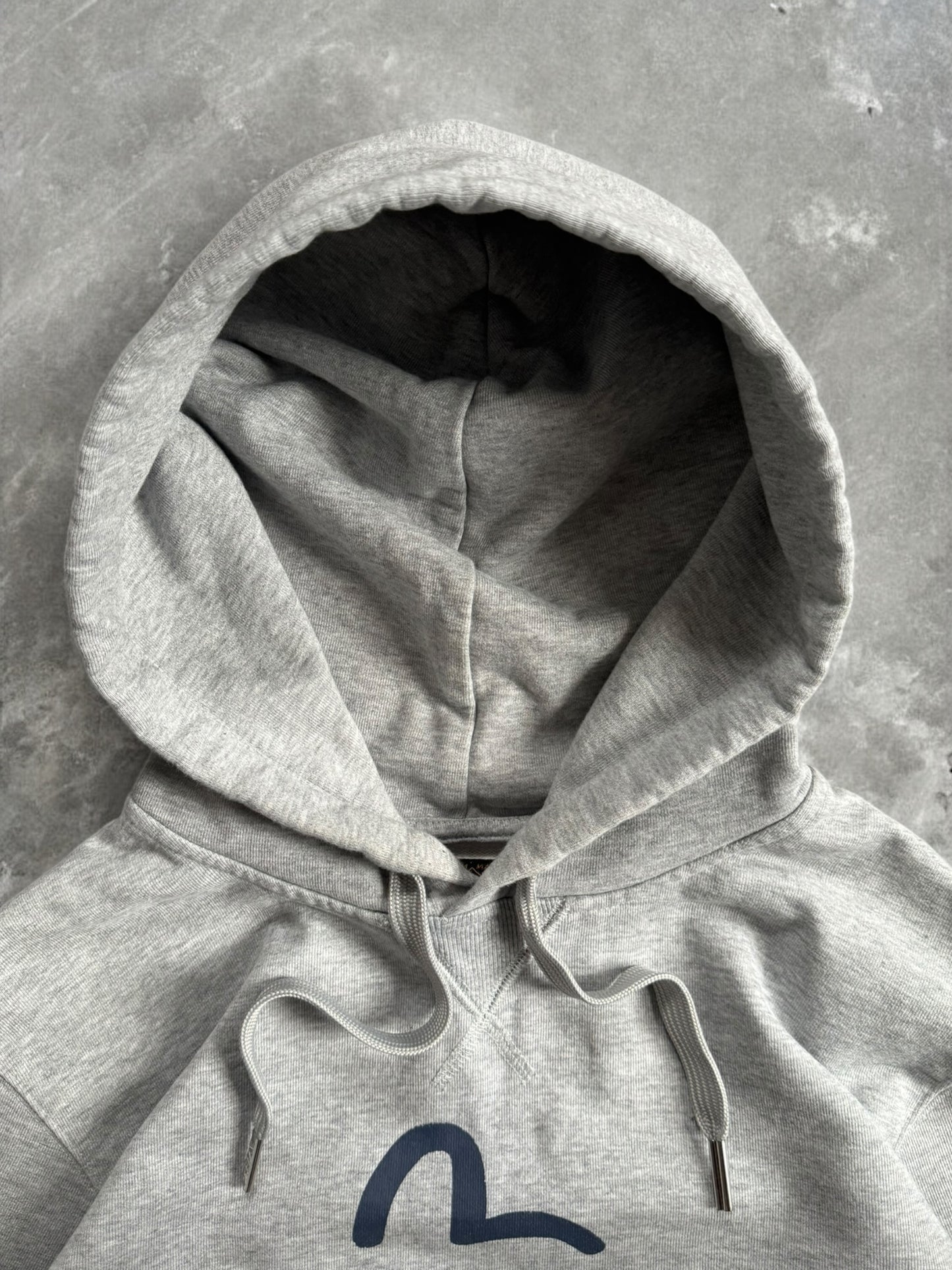 Vintage grey and navy blue Evisu centre logo hoodie (S)