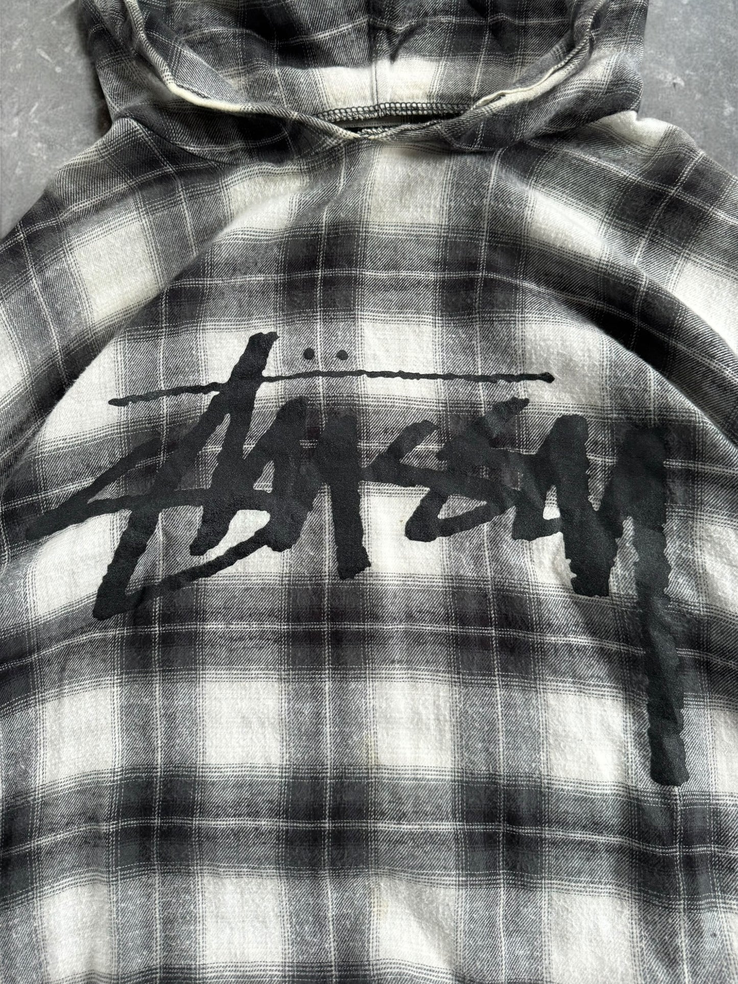 Vintage Stussy spell out logo tartan / plaid hoodie (S)