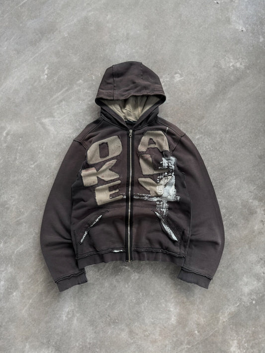 Vintage 2000's brown and beige distressed Oakley graphic print logo zip up hoodie (M)