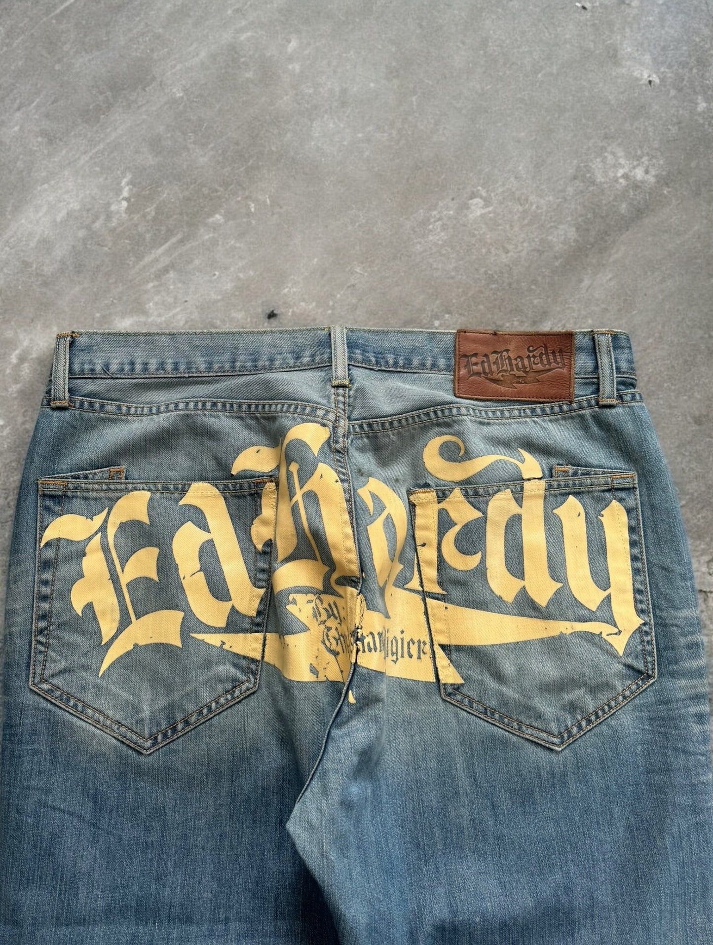 Vintage 2000's light blue Ed Hardy Christian Audiger distressed graphic jeans (L)