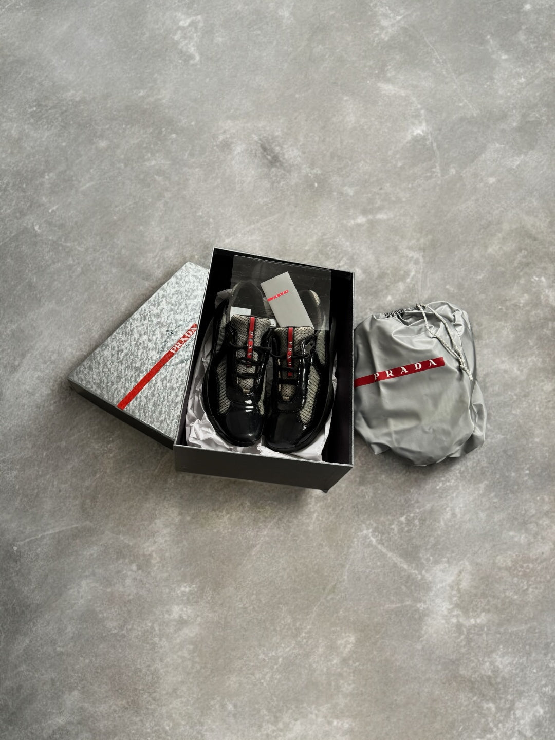 Vintage black and grey patent leather Prada America cup trainers (UK7)