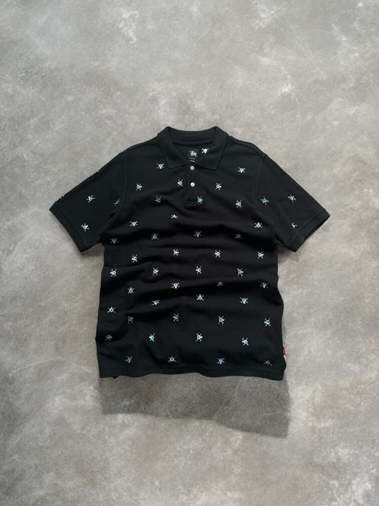 Vintage 2000's black stussy skull embroidered polo shirt (M)