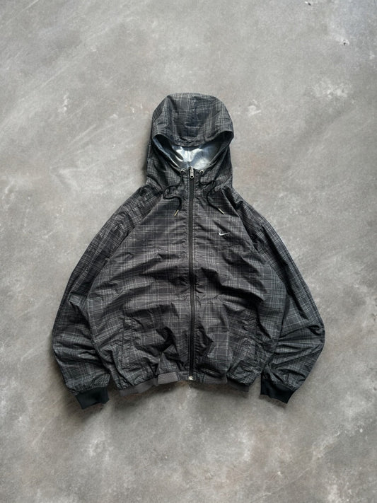 Vintage 2000's black and grey Nike embroidered swoosh logo tartan / plaid reversible technical jacket (XL)