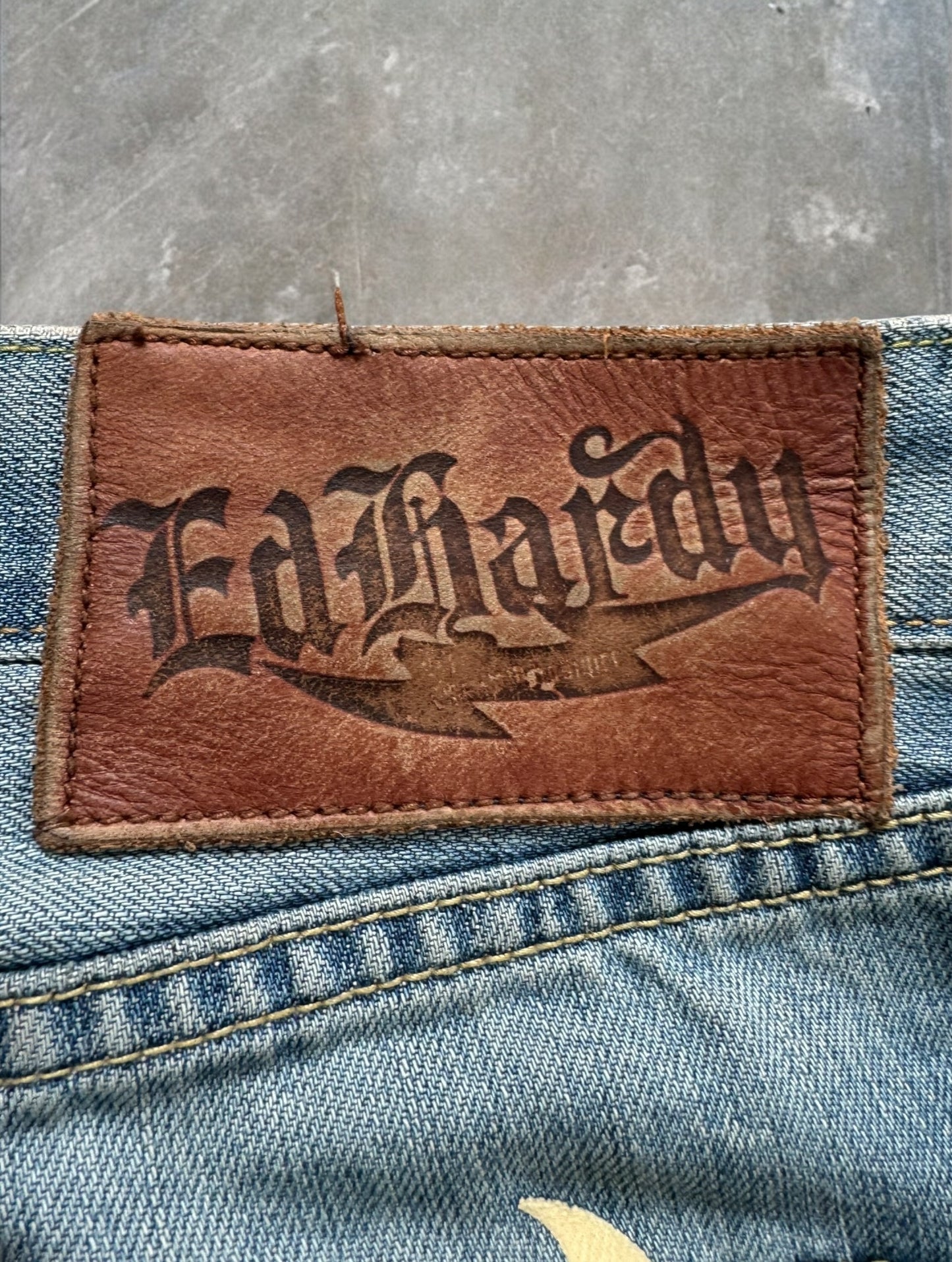 Vintage 2000's light blue Ed Hardy Christian Audiger distressed graphic jeans (L)