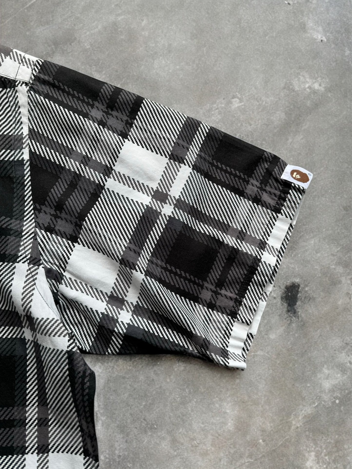 Vintage 90's black white and grey tartan / plaid Bape button up short sleeve shirt (L)