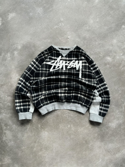 Vintage 2000's grey white and black Stussy tartan plaid jumper (S)