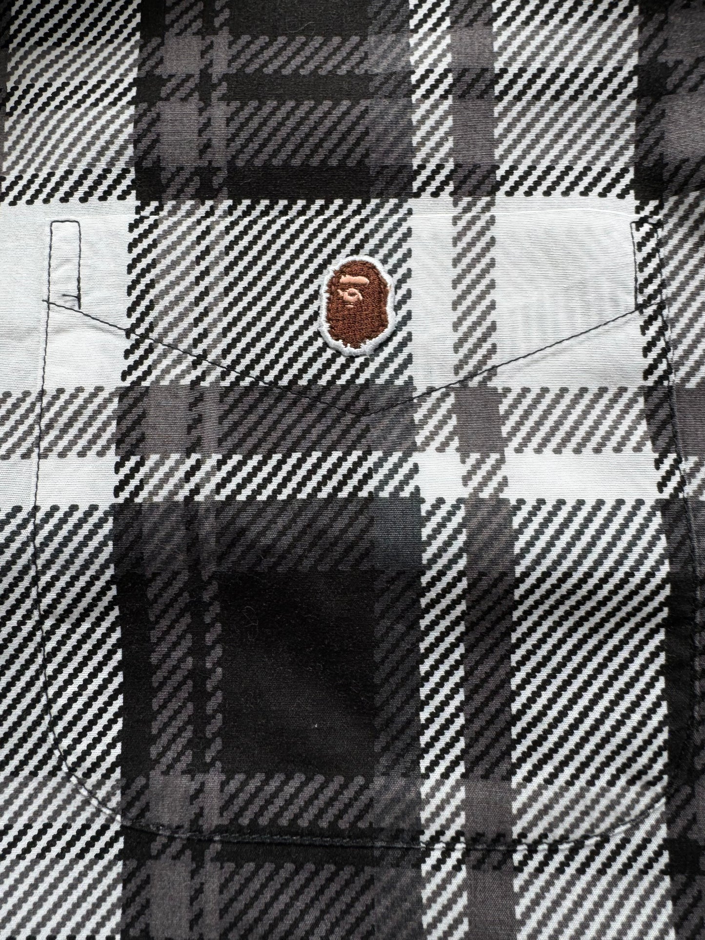 Vintage 90's black white and grey tartan / plaid Bape button up short sleeve shirt (L)