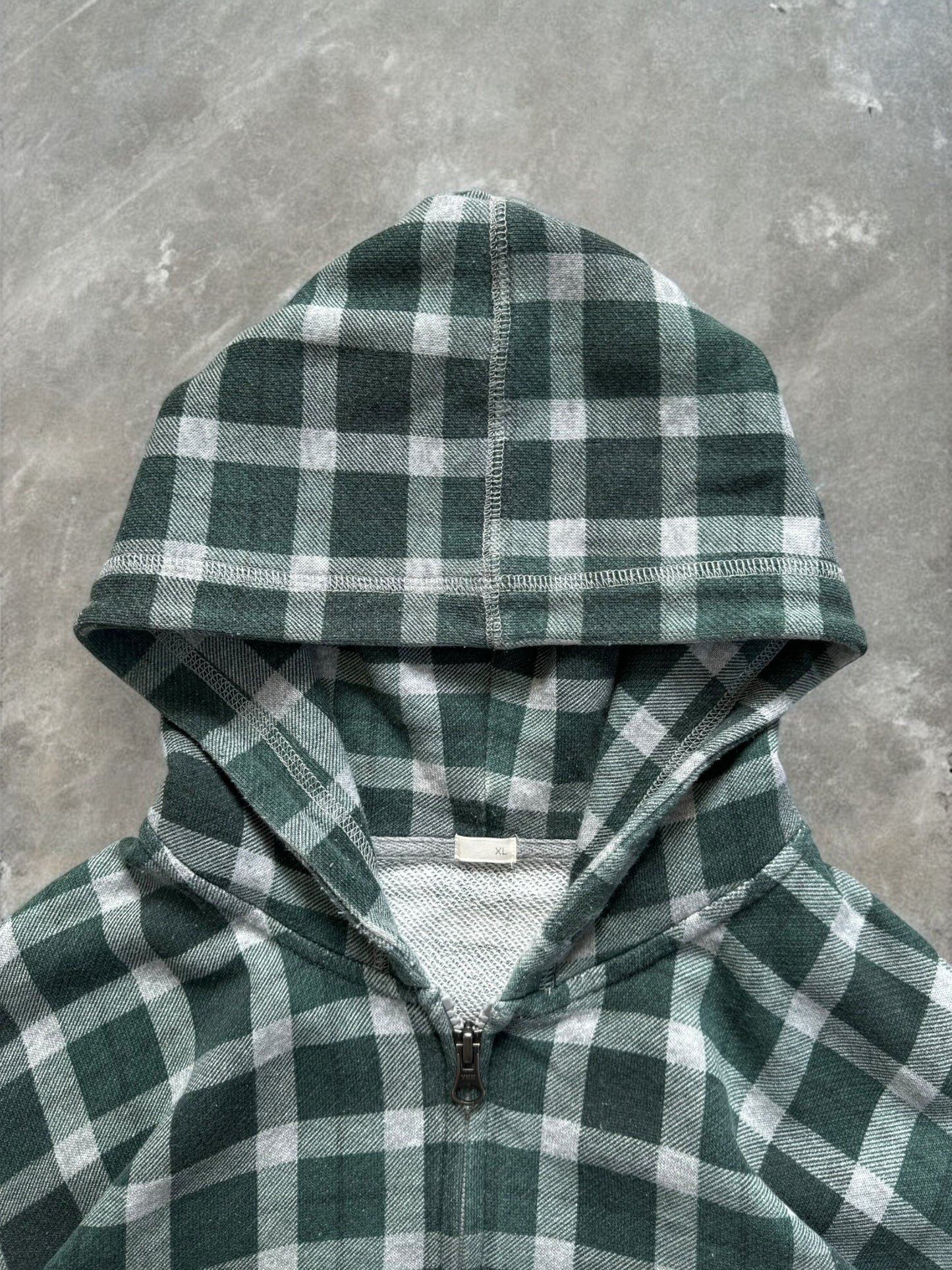 Vintage grey and green Uniqlo tartan / plaid technical zip up hoodie (M)