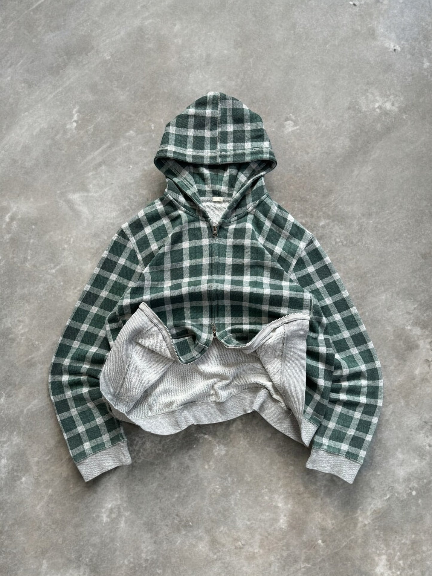 Vintage grey and green Uniqlo tartan / plaid technical zip up hoodie (M)