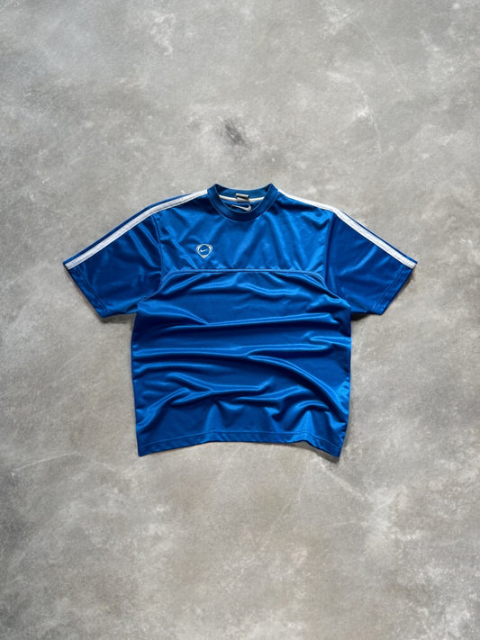 Vintage 2000's crystal blue Nike T90 embroidered swoosh crest logo technical panelled t shirt (L)