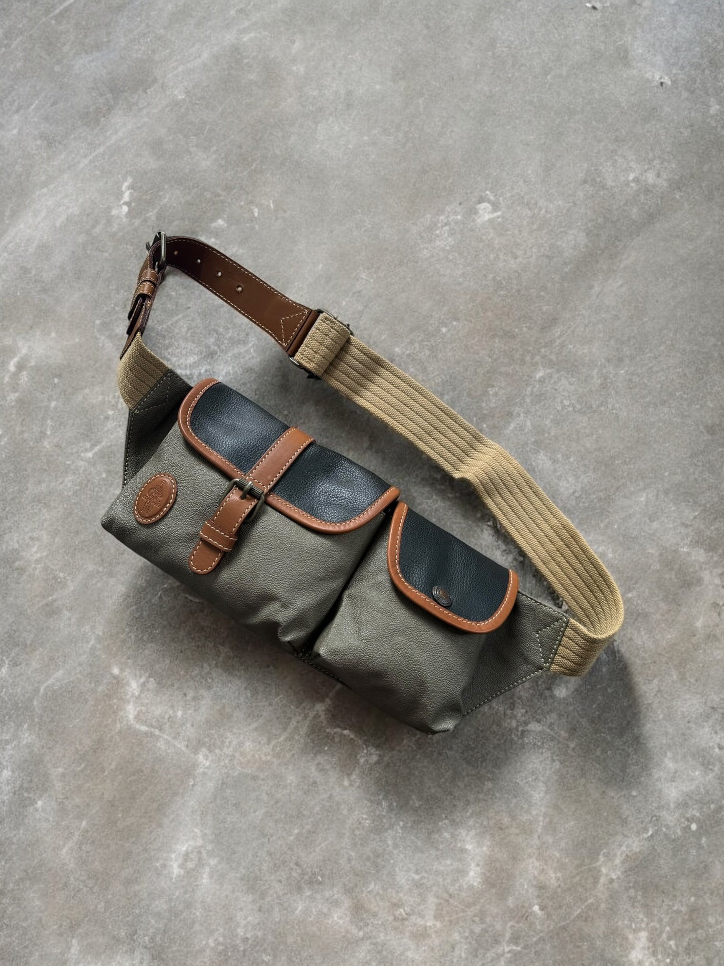 Vintage 1980's black brown and sage green CP Company leather sling bag / waist bag