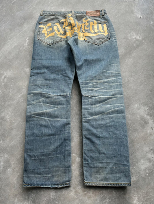 Vintage 2000's light blue Ed Hardy Christian Audiger distressed graphic jeans (L)