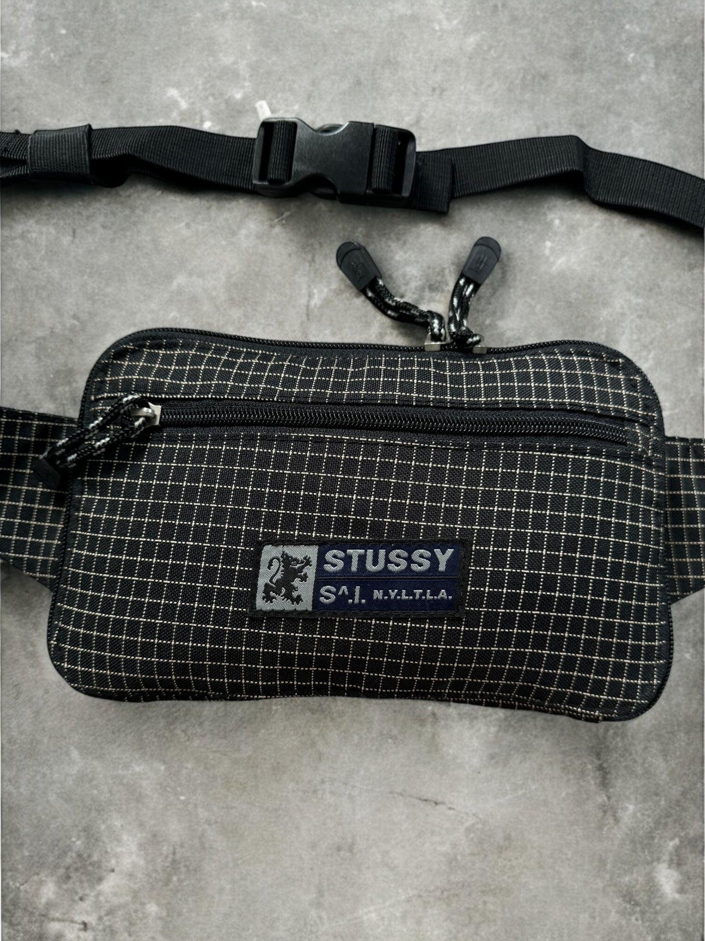 Vintage 2000's black and grey Stussy technical plaid sling bag / waist bag