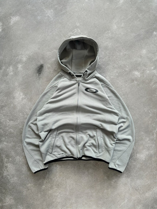 Vintage 2000's black and light grey Oakley graphic print logo zip up technical hoodie (M)