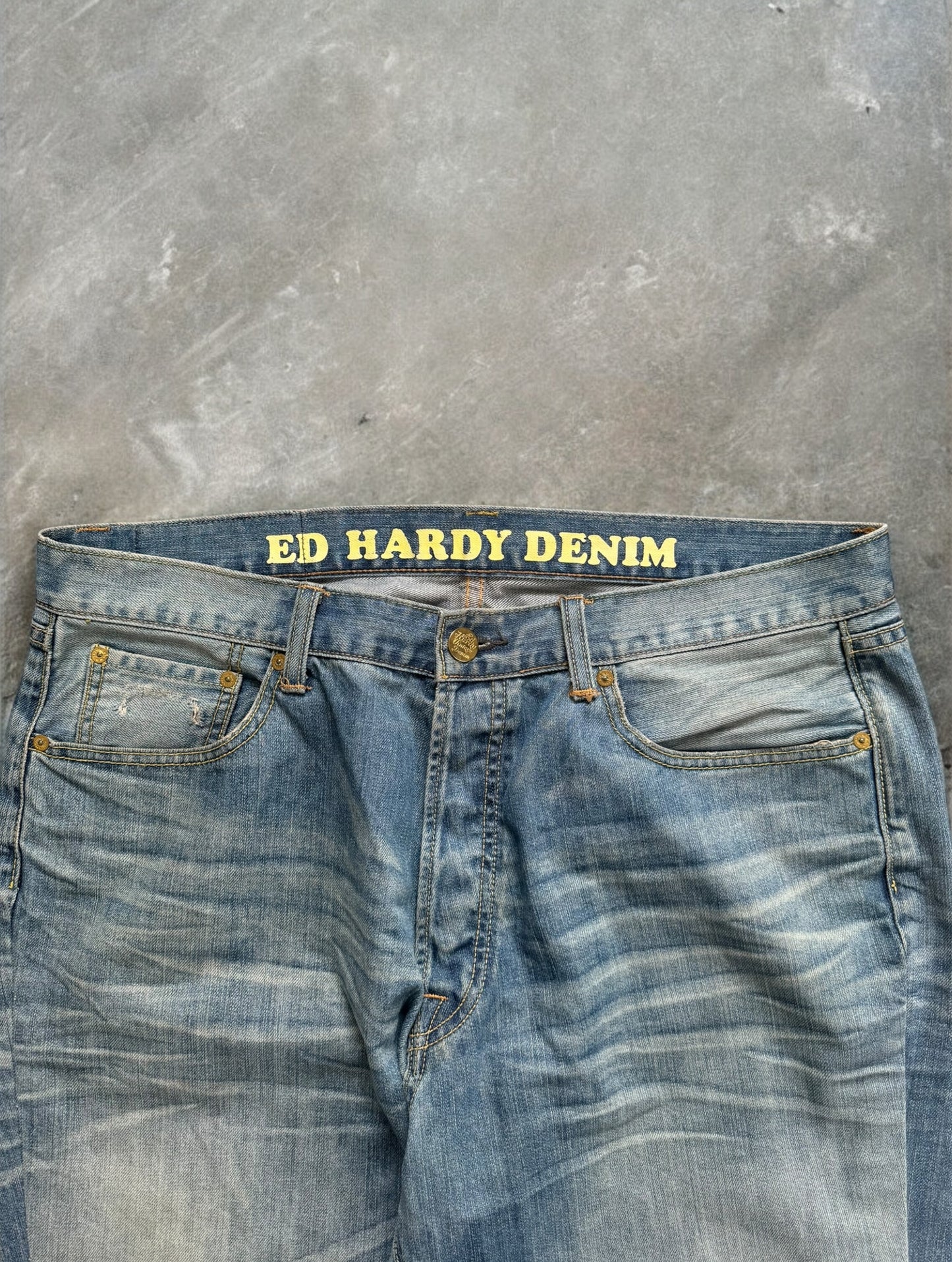 Vintage 2000's light blue Ed Hardy Christian Audiger distressed graphic jeans (L)