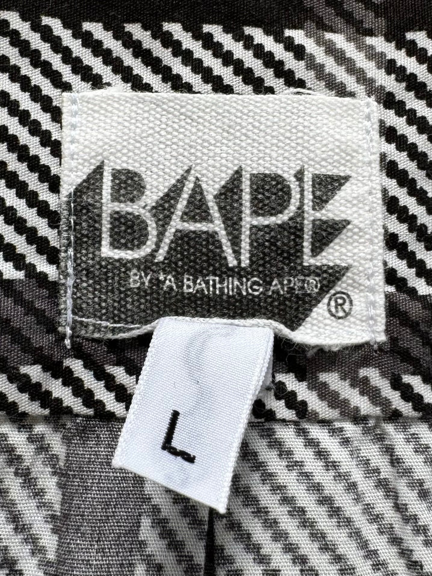 Vintage 90's black white and grey tartan / plaid Bape button up short sleeve shirt (L)