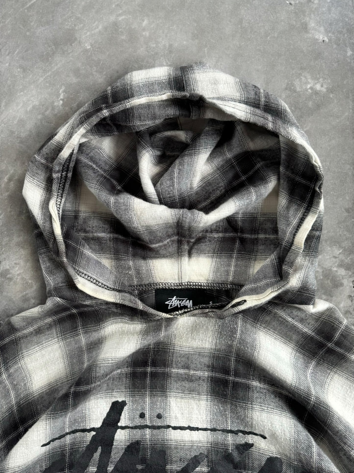 Vintage Stussy spell out logo tartan / plaid hoodie (S)