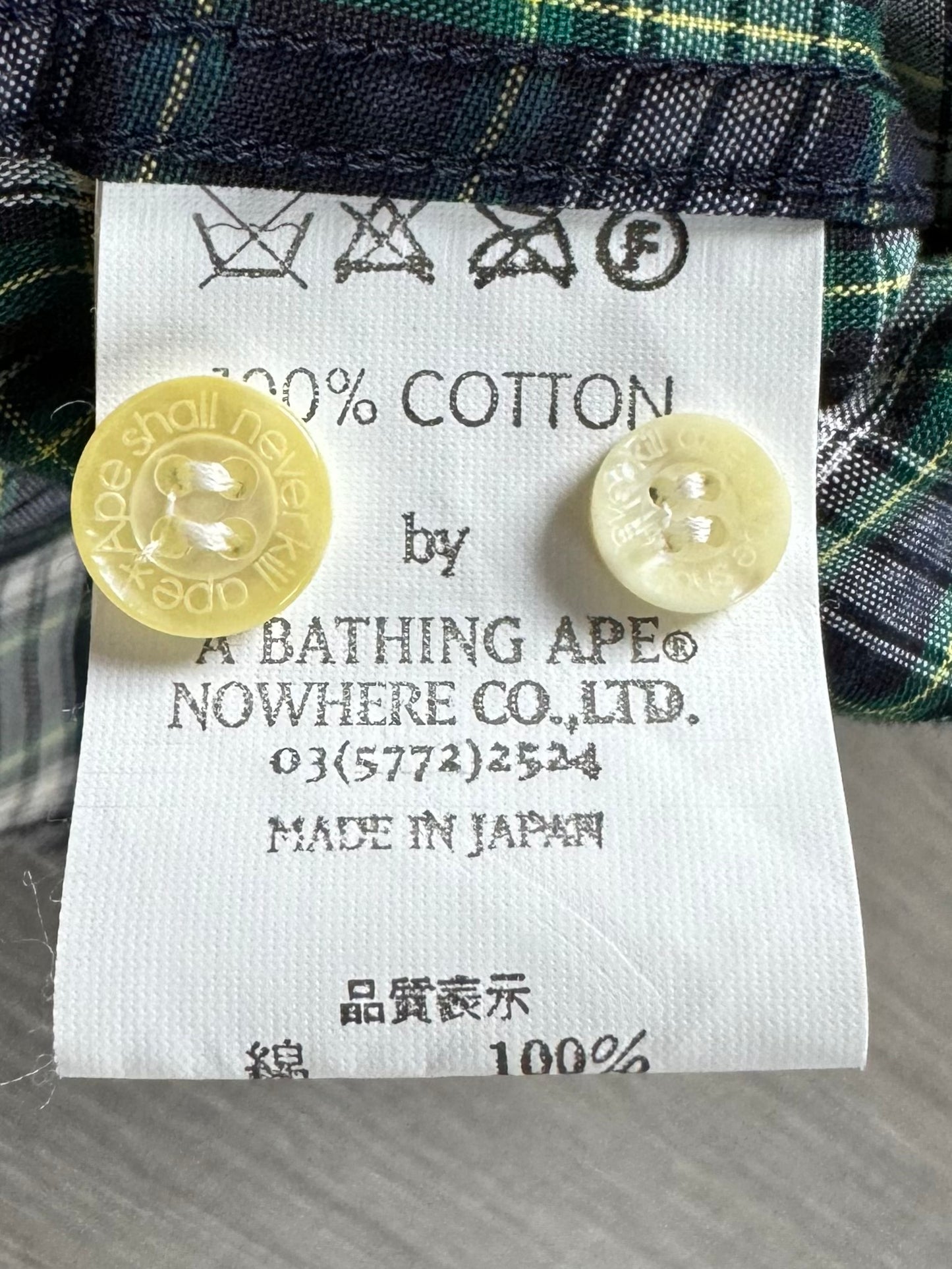 Vintage 90's green white and blue tartan / plaid Bape button up short sleeve shirt (M)