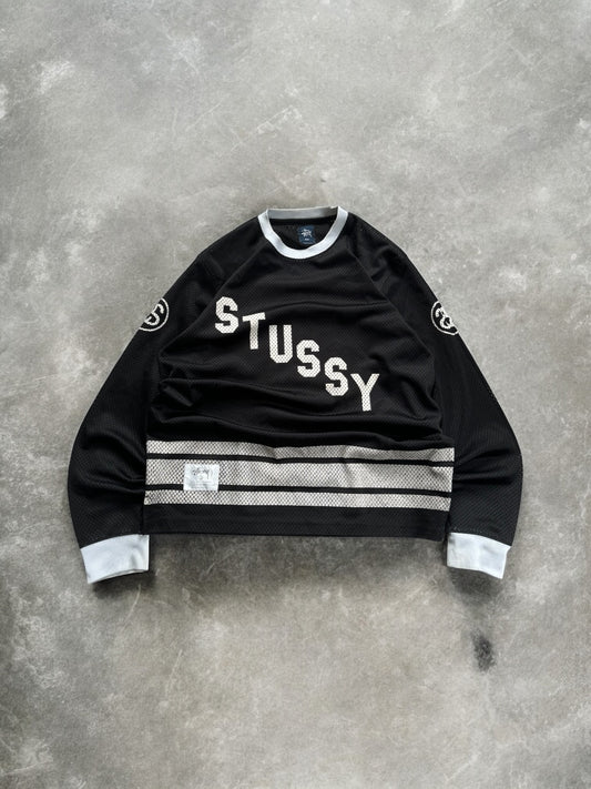 Vintage 2000's black and white Stussy long sleeve mesh jersey / shirt (L)